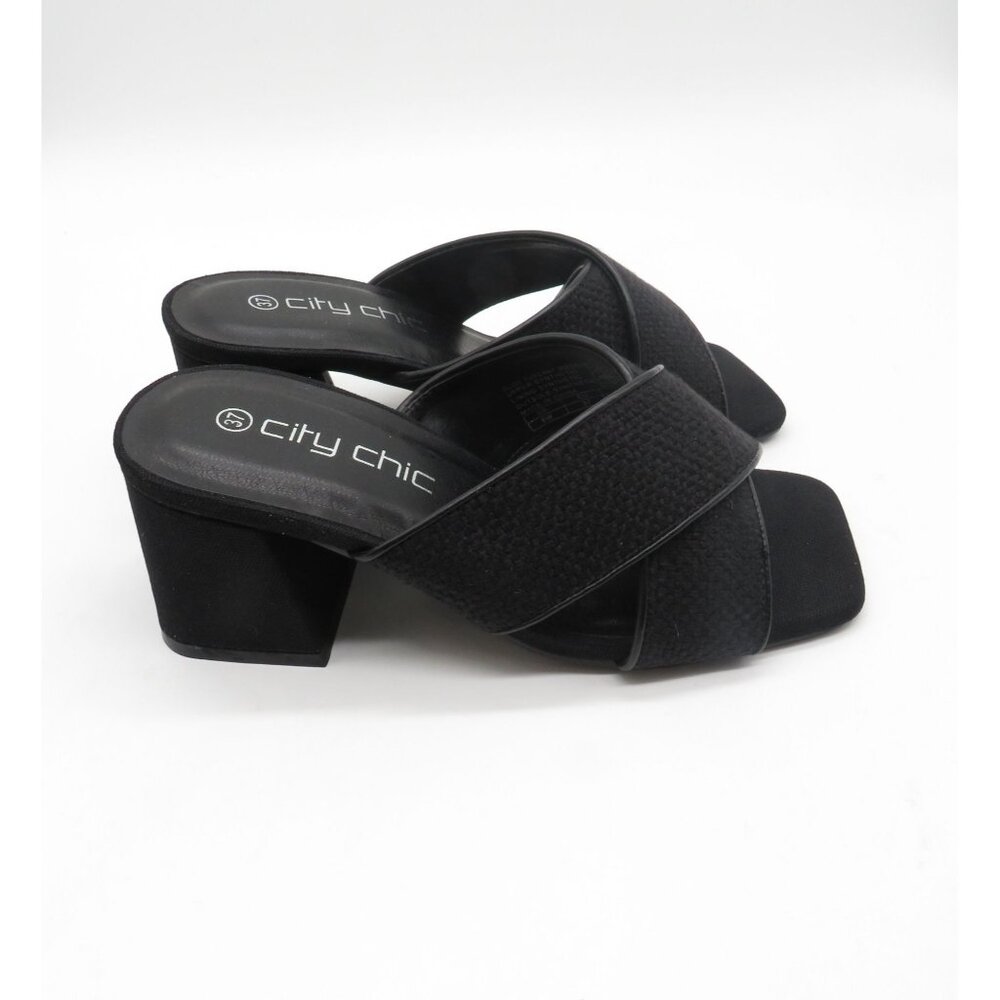 City Chic Women’s Black Heeled Slide Sandals With Cross-Strap Design Size 6W NEW